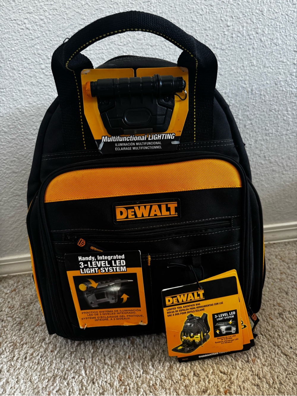 DEWALT Black & Yellow Tool Backpack with LED Light